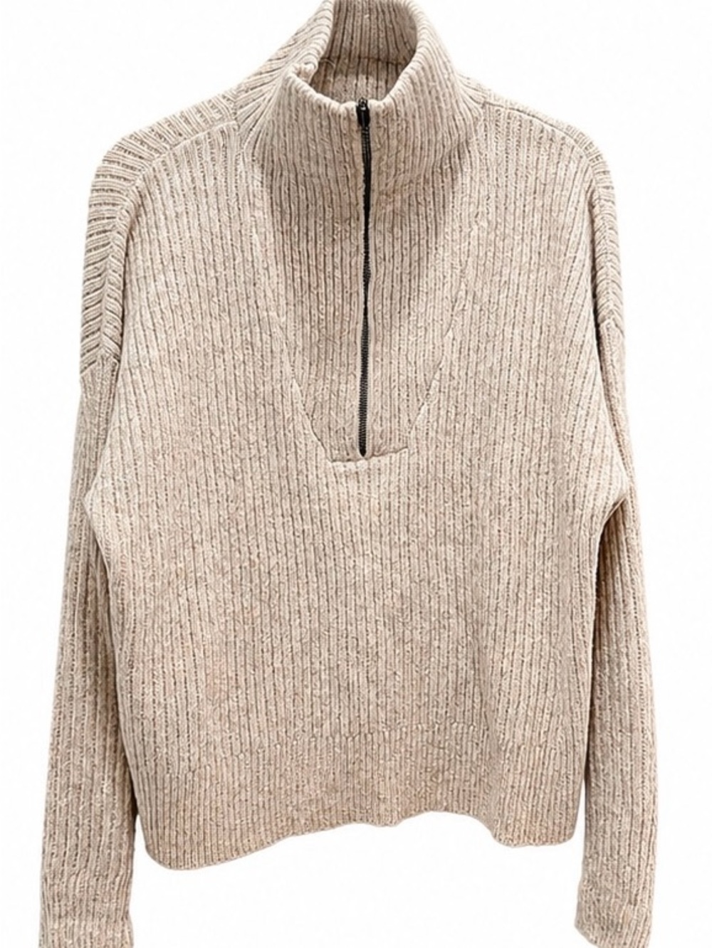 Olivia Grey Ribbed Half Zip Mock Neck Sweater Beige Oatmeal Large